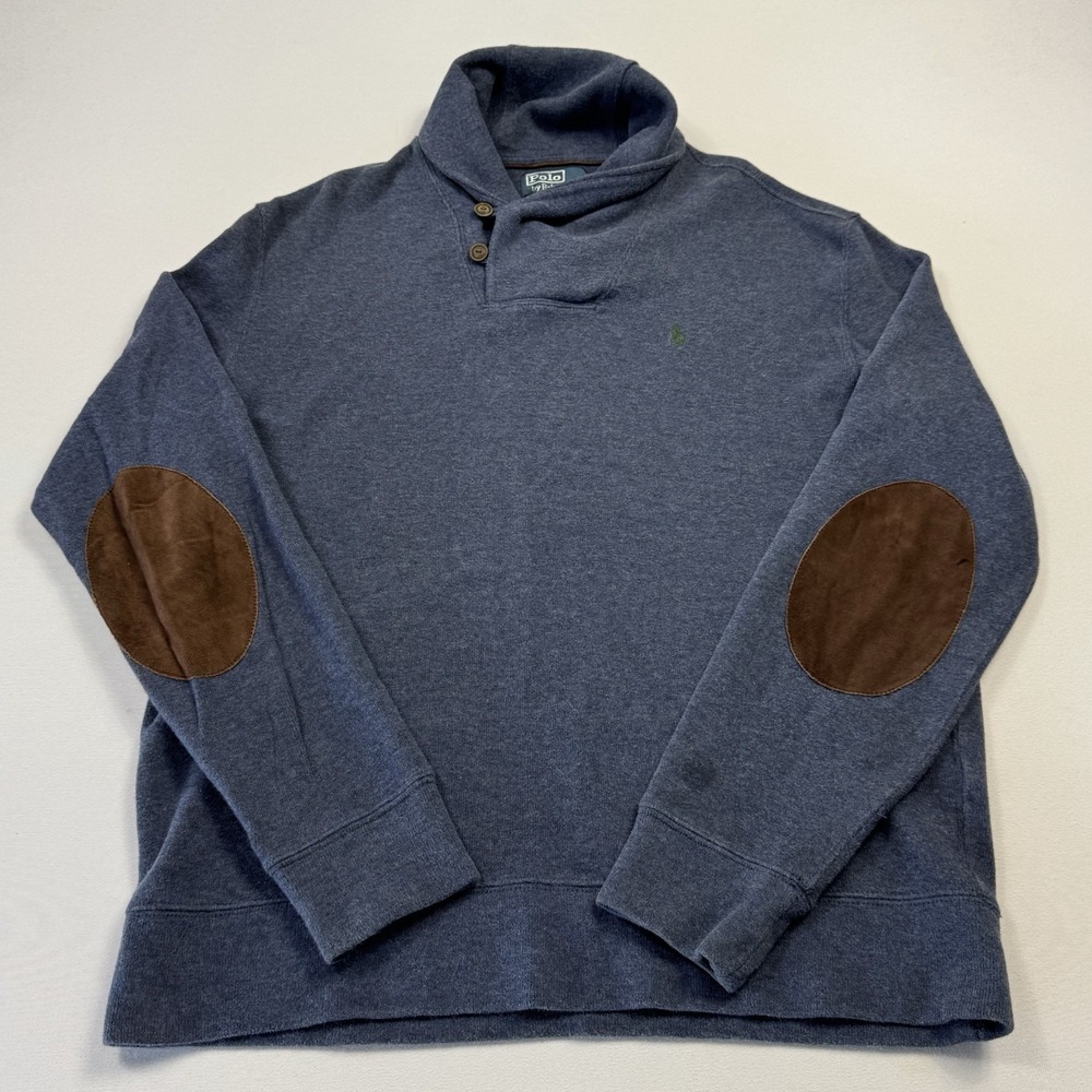Polo Ralph Lauren Men's Shawl Neck Button Sweater Elbow‎ Patches Blue Large